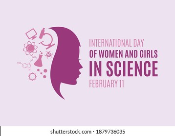 International Day Of Women And Girls In Science Vector. Science Icon Set Vector. Young Woman Face Profile Purple Silhouette Vector. Important Day