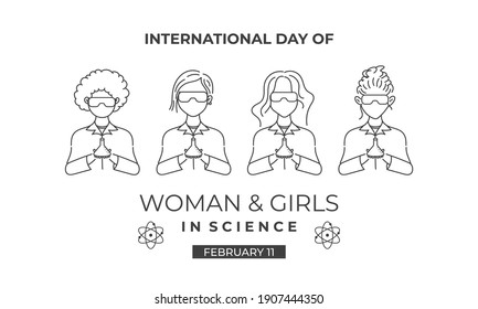 International Day of women and girls in science. Editable banner design with scientist illustration. The outline drawing style of scientist. Usable for banner, card, and background. Flat design vector