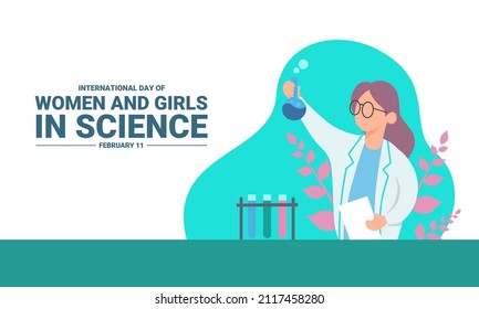 International Day of Women and Girls in Science. Science icon set. Illustration of young scientist woman. vector illustration. - Shutterstock ID 2117458280