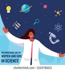 International Day of Women and Girls in Science Vector Illustration. Woman science surround by microscope, dna, glass flask background.