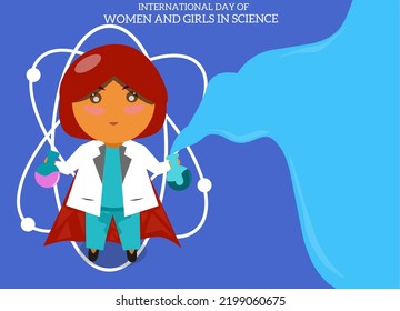 International Day of Women and Girls in Science. Science icon set. Illustration of young scientist woman. vector illustration.