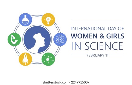 Día Internacional de la Mujer y la Niña en la Ciencia 11 de febrero ilustración vectorial. Tema científico. Poder femenino. Adecuado para afiches, carteles, campaña y tarjeta de saludo.