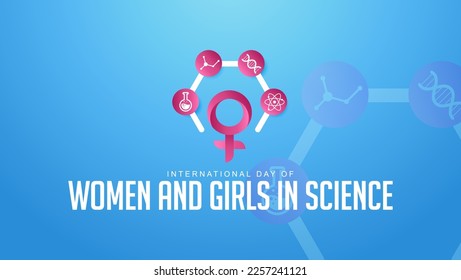 Día Internacional de la Mujer y la Niña en la Ciencia. Ilustración del símbolo femenino en el icono de la ciencia del círculo. Celebrado Cada Año El 11 De Febrero. Perfecto para banners, fondos, medios sociales, web, etc