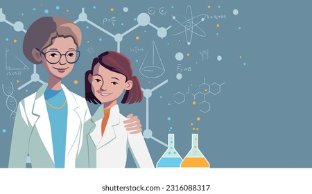 Día Internacional de la Mujer y la Niña en la Ciencia. Ilustración vectorial de las jóvenes y adultas científicas felices.