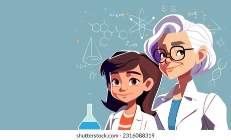 Día Internacional de la Mujer y la Niña en la Ciencia. Ilustración vectorial de las jóvenes y adultas científicas felices.