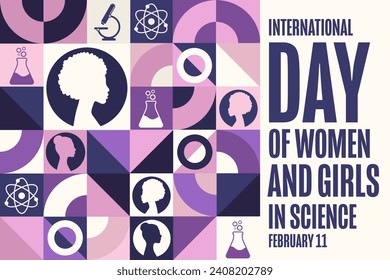 International Day of Women and Girls in Science. February 11. Holiday concept. Template for background, banner, card, poster with text inscription. Vector EPS10 illustration