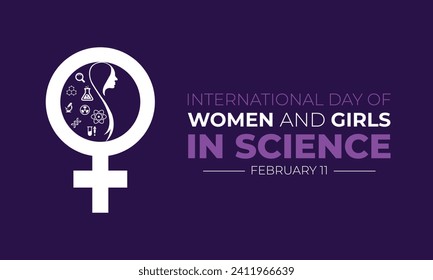 Día Internacional de la Mujer y la Niña en la Ciencia. 11 de febrero. Conjunto de iconos de ciencia. Cara de mujer joven. Día importante. Plantilla para fondo con banner, afiche y tarjeta. Ilustración vectorial.
