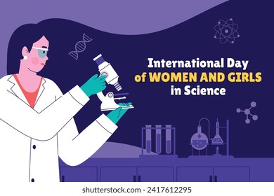 International day of women and girls in science. Cartoon Vector illustration Design for poster, Banner, campaign and greeting card. February 11.