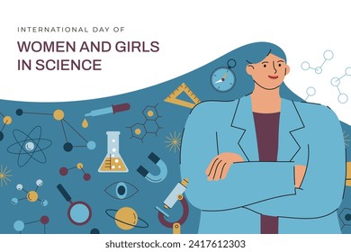 Día Internacional de la Mujer y la Niña en la Ciencia. Ilustración de vectores de caricatura Diseño para afiche, cartel, campaña y tarjeta de saludo. 11 de febrero.