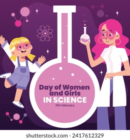 International day of women and girls in science. Cartoon Vector illustration Design for poster, Banner, campaign and greeting card. February 11.