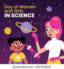 International day of women and girls in science. Cartoon Vector illustration Design for poster, Banner, campaign and greeting card. February 11.