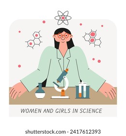 Día Internacional de la Mujer y la Niña en la Ciencia. Ilustración de vectores de caricatura Diseño para afiche, cartel, campaña y tarjeta de saludo. 11 de febrero.