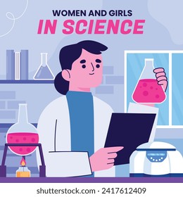 International day of women and girls in science. Cartoon Vector illustration Design for poster, Banner, campaign and greeting card. February 11.