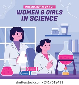 International day of women and girls in science. Cartoon Vector illustration Design for poster, Banner, campaign and greeting card. February 11.