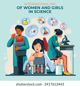 International day of women and girls in science. Cartoon Vector illustration Design for poster, Banner, campaign and greeting card. February 11.