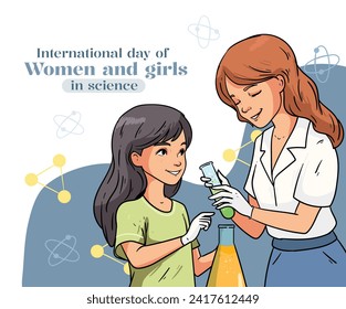 Día Internacional de la Mujer y la Niña en la Ciencia. Ilustración de vectores de caricatura Diseño para afiche, cartel, campaña y tarjeta de saludo. 11 de febrero.