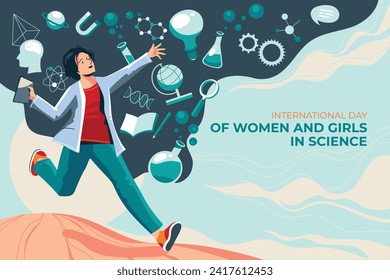 Día Internacional de la Mujer y la Niña en la Ciencia. Ilustración de vectores de caricatura Diseño para afiche, cartel, campaña y tarjeta de saludo. 11 de febrero.