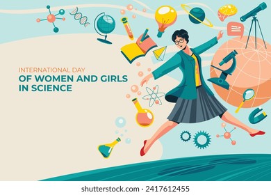 International day of women and girls in science. Cartoon Vector illustration Design for poster, Banner, campaign and greeting card. February 11.