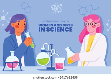 International day of women and girls in science. Cartoon Vector illustration Design for poster, Banner, campaign and greeting card. February 11.