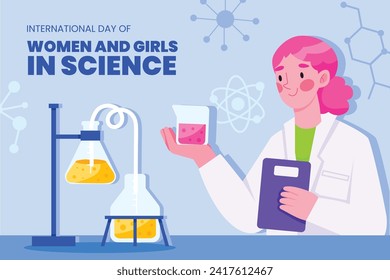 International day of women and girls in science. Cartoon Vector illustration Design for poster, Banner, campaign and greeting card. February 11.