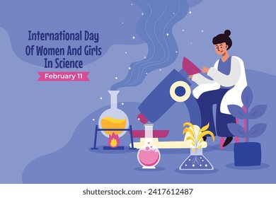 Día Internacional de la Mujer y la Niña en la Ciencia. Ilustración de vectores de caricatura Diseño para afiche, cartel, campaña y tarjeta de saludo. 11 de febrero.