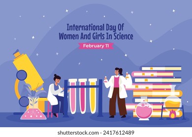 International day of women and girls in science. Cartoon Vector illustration Design for poster, Banner, campaign and greeting card. February 11.