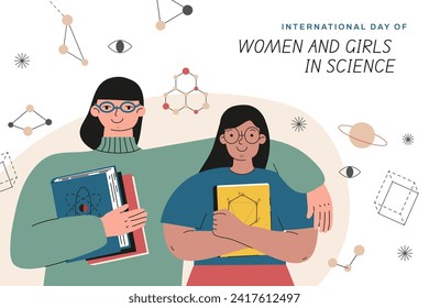 International day of women and girls in science. Cartoon Vector illustration Design for poster, Banner, campaign and greeting card. February 11.