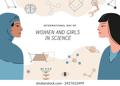 International day of women and girls in science. Cartoon Vector illustration Design for poster, Banner, campaign and greeting card. February 11.