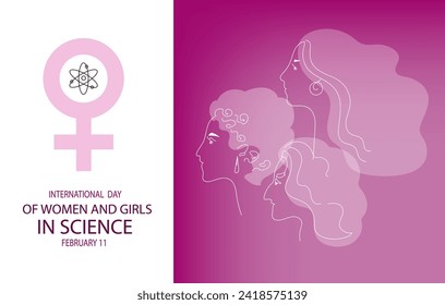 Día Internacional de la Mujer y la Niña en la Ciencia. Imagen púrpura del perfil de la línea continua del vector para el cartel de los medios sociales, afiche.