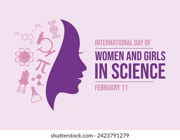 International Day of Women and Girls in Science poster vector illustration. Female scientist icon set. Woman face in profile purple silhouette. Template for banner, card, poster. February 11