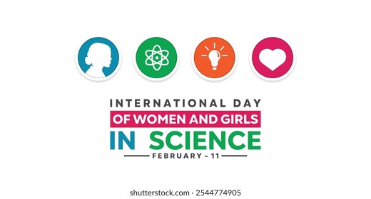 Día Internacional de la Mujer y la Niña en la Ciencia. Mujeres, ciencia, lámpara y corazón. Ideal para tarjetas, Anuncios, carteles, redes sociales y más. El fondo blanco. 