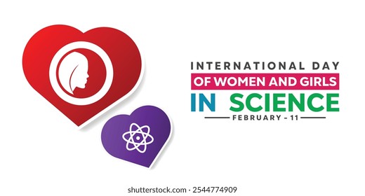 Día Internacional de la Mujer y la Niña en la Ciencia. Corazón, mujeres y ciencia. Ideal para tarjetas, Anuncios, carteles, redes sociales y más. El fondo blanco. 