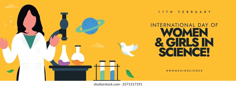 International Day of Women and Girls in Science. Women in Science 11th February awareness social media post with girl in lab, microscope, beakers, flasks, dove, planets on a table in lab vector.
