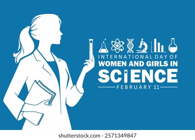 International Day of Women and Girls in Science design. Creative design with a silhouette of a woman scientist holding a test tube, Women, girls, and science day design.