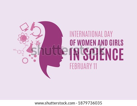 International Day of Women and Girls in Science vector. Science icon set vector. Young woman face profile purple silhouette vector. Important day