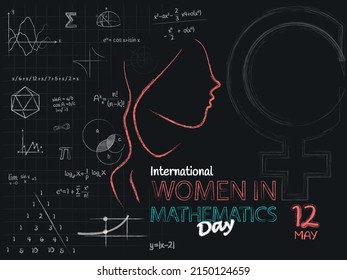 International day of women in mathematics. silhouette and symbol of a woman surrounded by mathematical formulas and geometric figures on black background. vector illustration