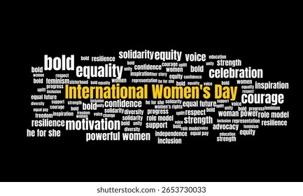 Nuvem Mundial do Dia Internacional da Mulher com palavras-chave sobre empoderamento, igualdade, feminismo e celebração