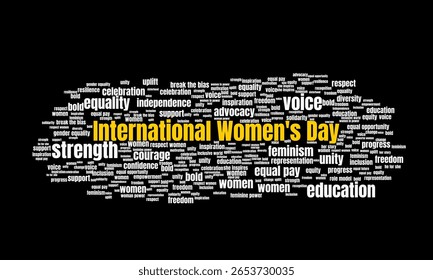 Nuvem Mundial do Dia Internacional da Mulher com palavras-chave sobre empoderamento, igualdade, feminismo e celebração