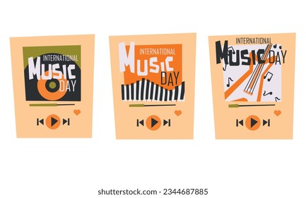 international day of world music, vector graphics, style flat, three backgrounds for social networks, view of the player on the phone