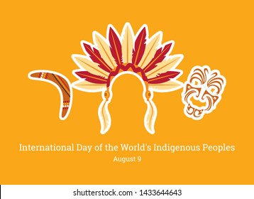 International Day of the World's Indigenous People vector. Symbols of indigenous people. Indian headband icon. Maori face ornament vector. Boomerang icon vector. Important day