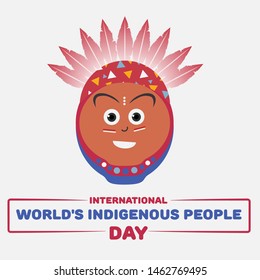 International Day of World's Indigenous People. Vector Flat Illustration of a indigen man with a crown of feathers. Tribal Painting. 