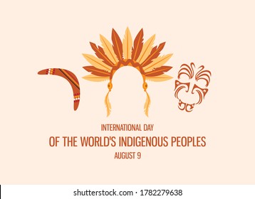 International Day of the World's Indigenous People vector. Indigenous people symbols icon set. Indian headband icon. Maori face ornament vector. Boomerang icon vector. Native people attributes icon