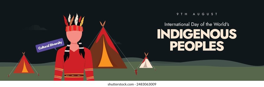 International Day of the World's Indigenous Peoples. 9th August Worlds Indigenous peoples day celebration cover banner, post with a man in their cultural dress. The day is to protect their rights.