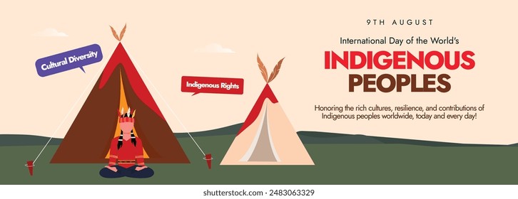 International Day of the World's Indigenous Peoples. 9th August worlds indigenous peoples day celebration cover banner with tribal village tents. The day is to raise awareness for their protection