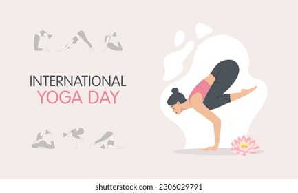 International day of yoga. 21st of June. Woman in lotus position with lotus flower. Different yoga poses. Vector banner