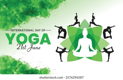 International Day of Yoga 21st June Background with Green Watercolor, Vector Silhouettes of Women meditating and practicing yoga poses. Suitable for Banner, poster, templates