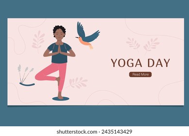 International Day of Yoga banner. African American man doing yoga