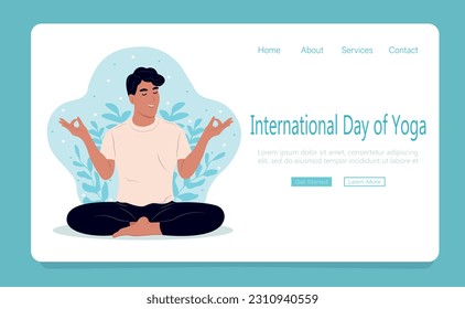 International Day of Yoga banner . Man with closed eyes meditating in yoga lotus posture. Web page template. Flat vector illustration