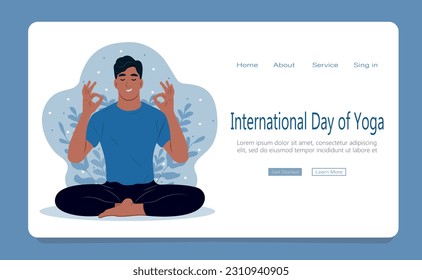 International Day of Yoga banner . Man with closed eyes meditating in yoga lotus posture. Web page template. Flat vector illustration.