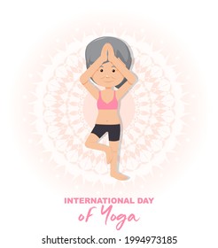 International Day of Yoga banner with old woman doing yoga exercise illustration